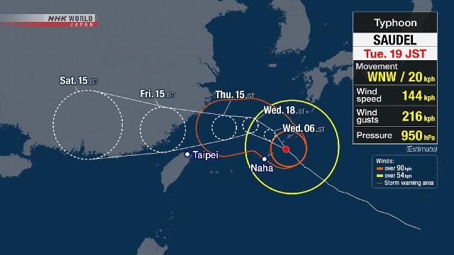 Tufão Saudel atinge Okinawa e Amami, no sul do Japão